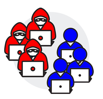 Illustration of a red team of hooded hackers facing a blue team of defenders at laptops